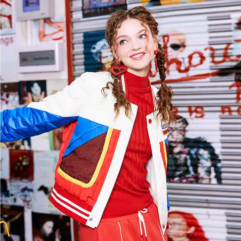 2019 Autumn and winter stitching thin down jackets fashion women stand collar short | Женская одежда