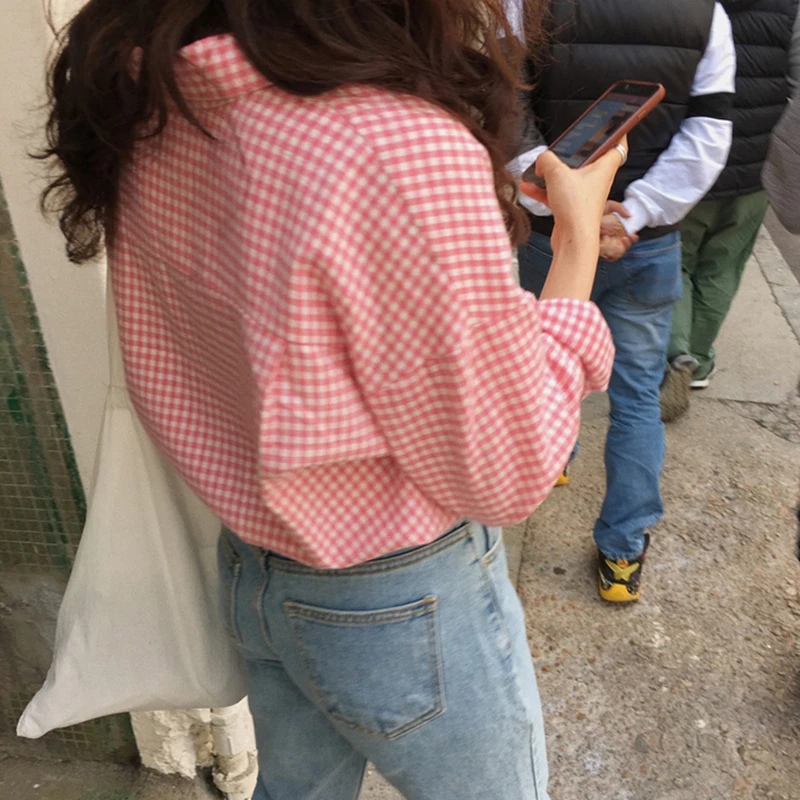 

HiloRill Casual Plaid Blouse Women Batwing Long Sleeve Loose Shirt Female Pocket Pink Office Wear Tops Ladies Blusas Mujer