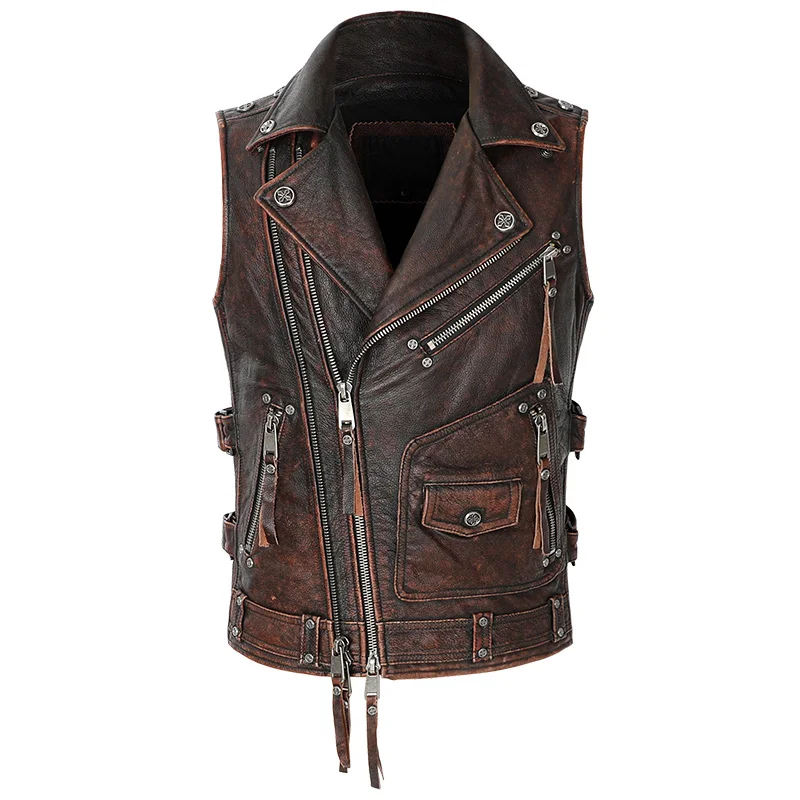 

Vintage Brown 2021 Biker's Style Leather Vest Men Plus Size 5XL Genuine Cowhide Spring Slim Fit Motorcycle Natural Coat