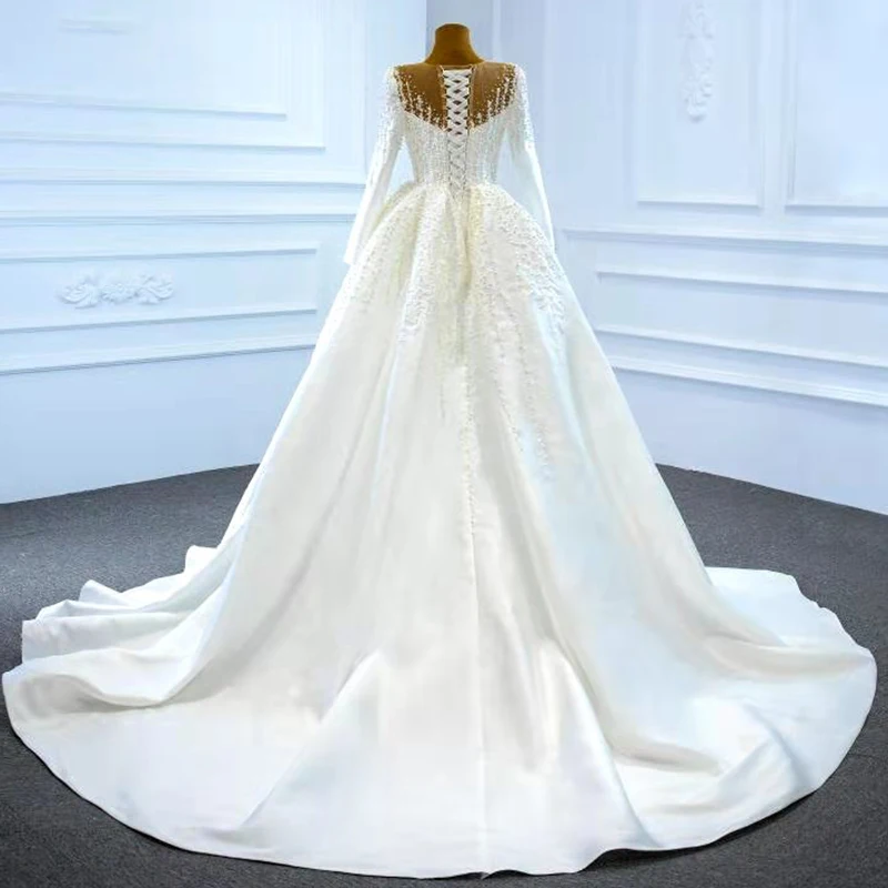 J67215 JANCEMBER Elegant White Wedding Dresses 2020 Long Sleeve Satin Sexy V-Neck Pearls Beading A-Line