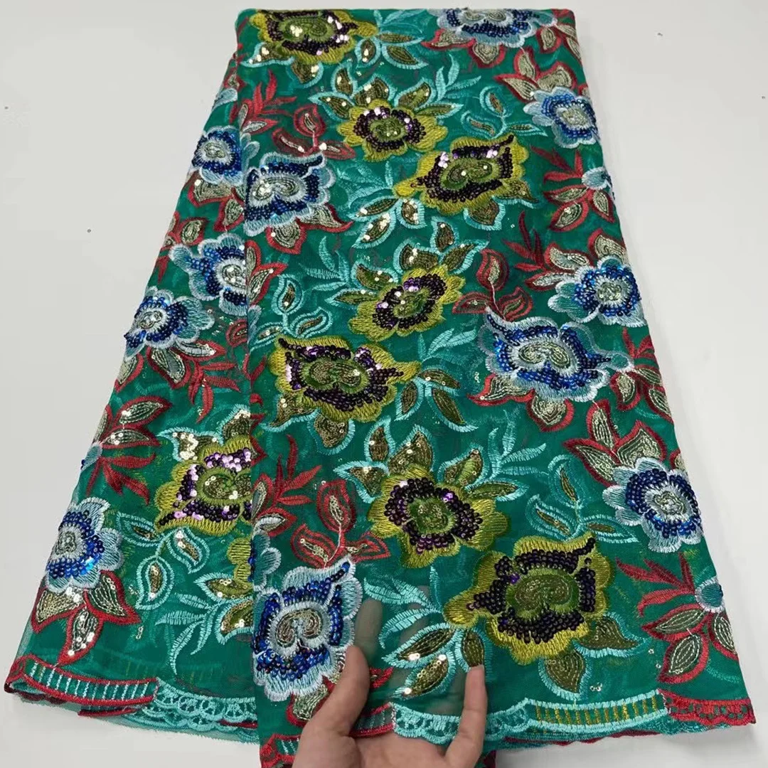 

Ткань кружевная, зеленая, сетчатая, с разноцветной вышивкой и блестками, 7 цветов (5 ярдов/шт), FJY423