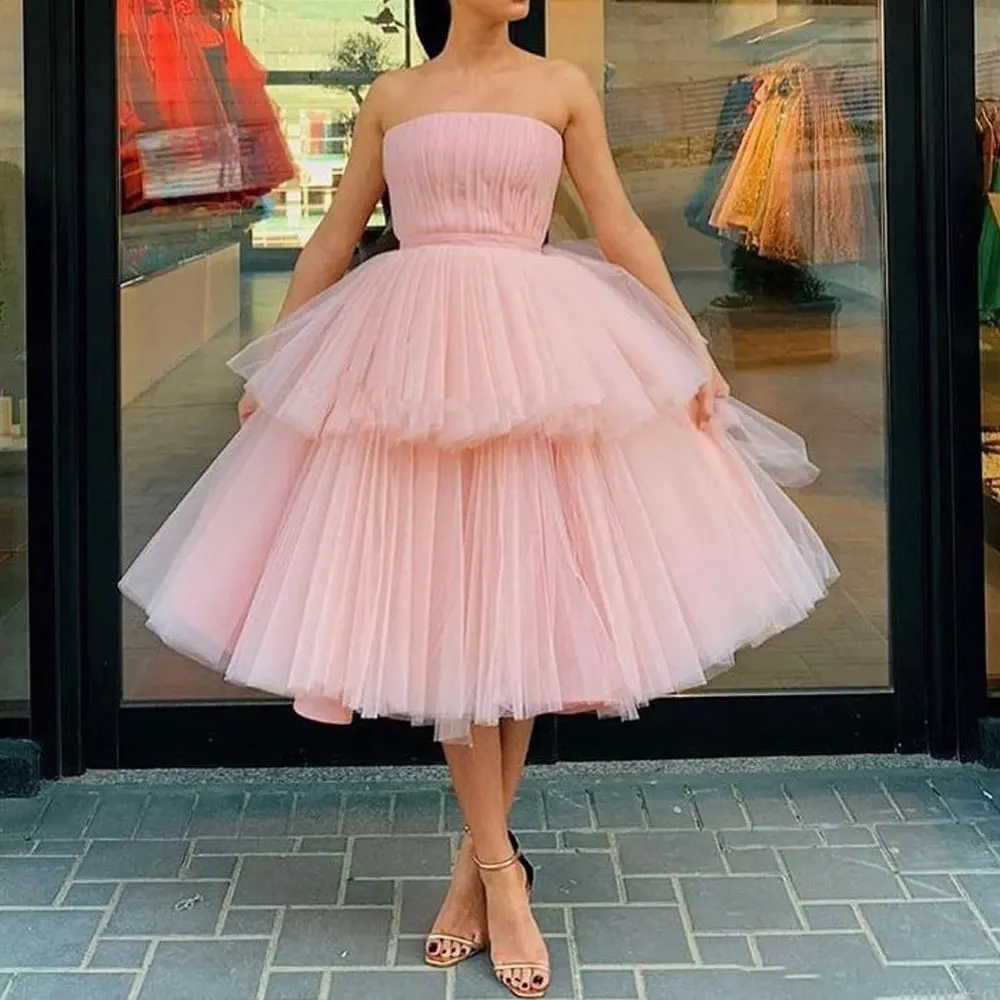 

Pink Party Gowns A-line Net/Tulle Strapless Tea length Sleeveless Party Gowns Fold\Ruffle Layered Draped Party Dresses