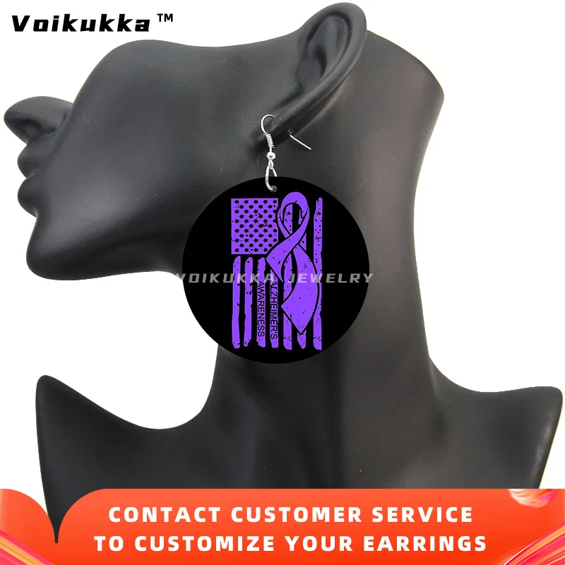 Voikukka Jewelry  Fight Overcome Breast Cancer Pink Ribbon Natural Wooden Double Sides Printing Round Women Earrings For Gifts images - 6