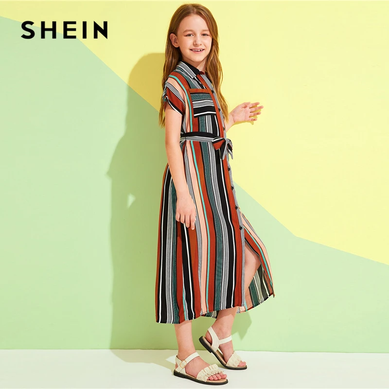 SHEIN/Детское платье-рубашка в полоску на одной пуговице с поясом спереди для девочек; коллекция года; летнее повседневное длинное платье с рукавами «летучая мышь» и карманами