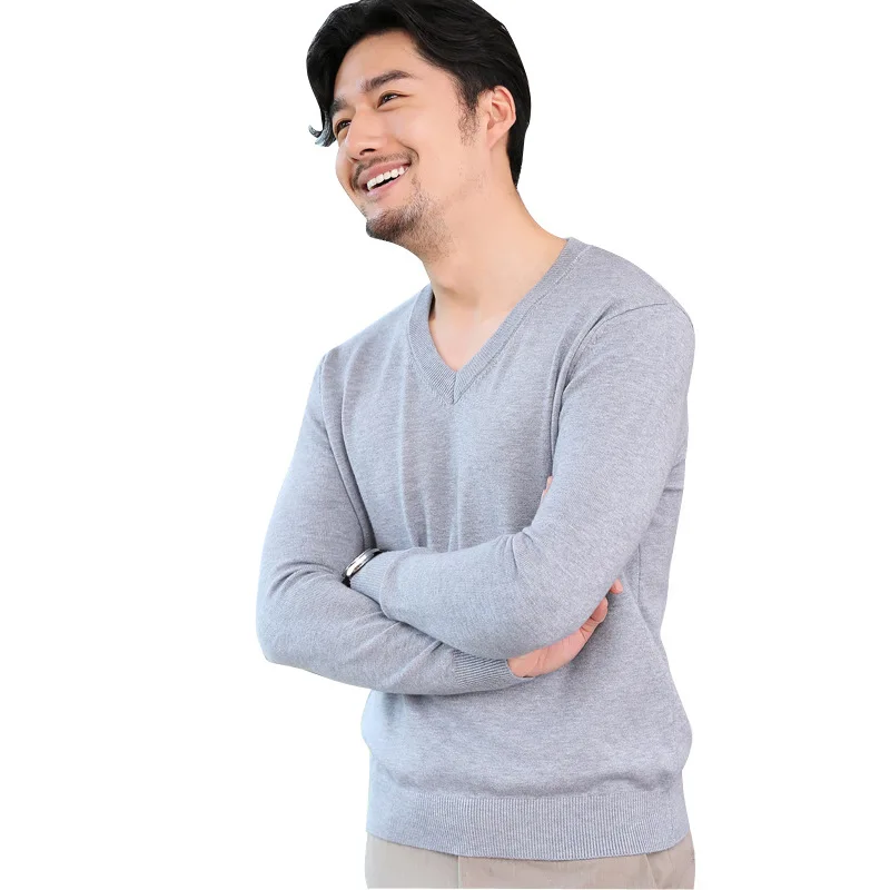 

2019 spring and autumn new men's v-neck sweater business knitted pullover solid color long-sleeved loose base shirt sweater men
