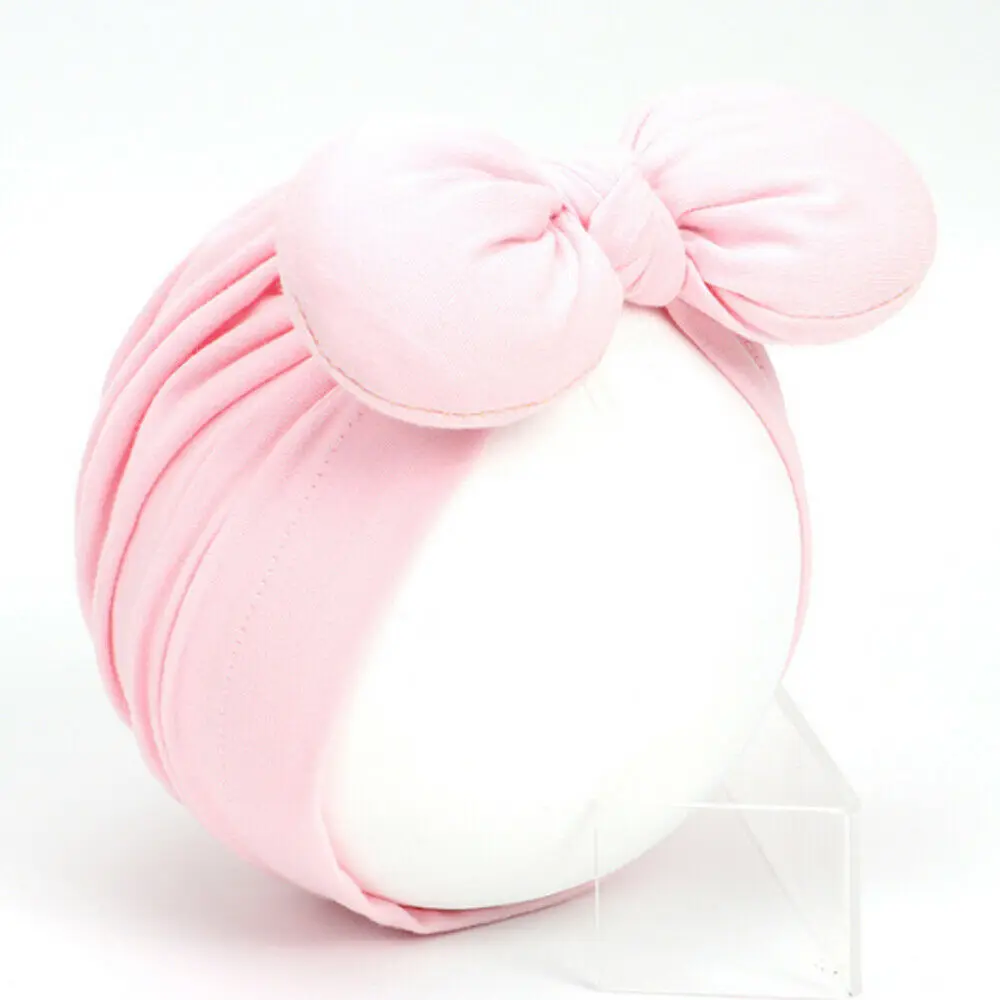 Champagne Newborn Toddler Baby Girls Turban Soft Silk Beanie Big Bow Hat Cap Wrap Headwear Headband Hats Accessories Candy Color Cute - Color: Champagne