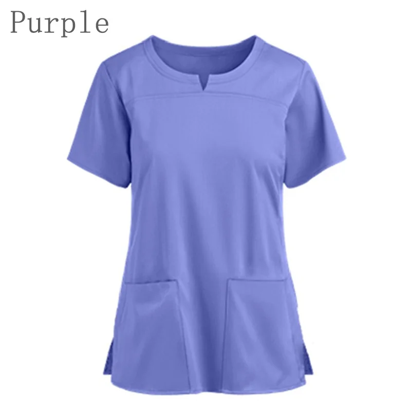 

Women Nursing V-Neck Pocket Blouse Uniforms T shirt Short Sleeve Solid Color Scrubs Working Casual