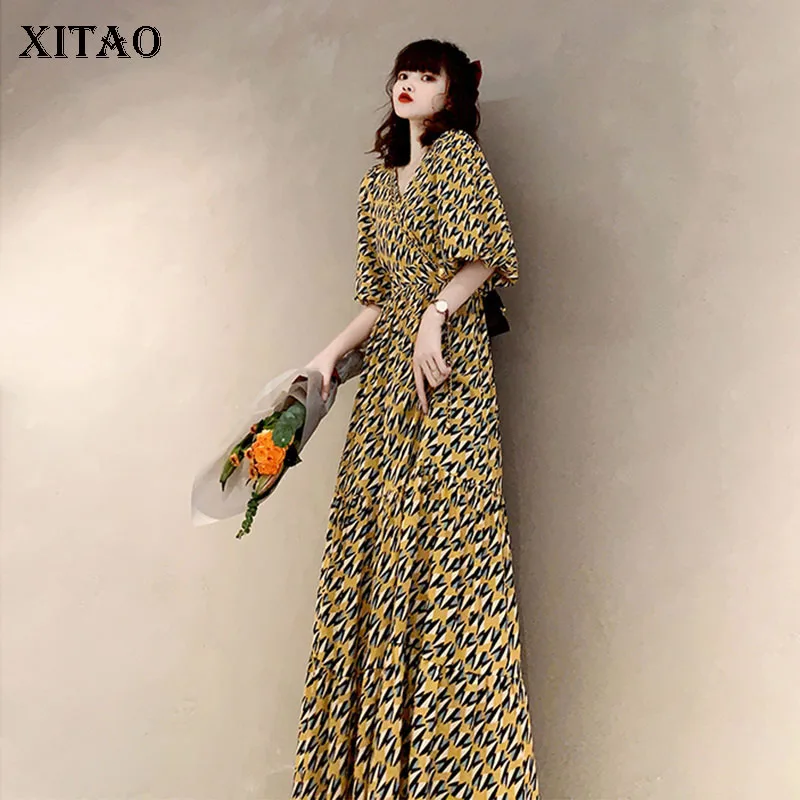 

XITAO Chiffon Dress Fashion New Women Print Pattern Pleated Hem Goddess Fan Plus Size Casual Style Loose Dress Top WMD1854