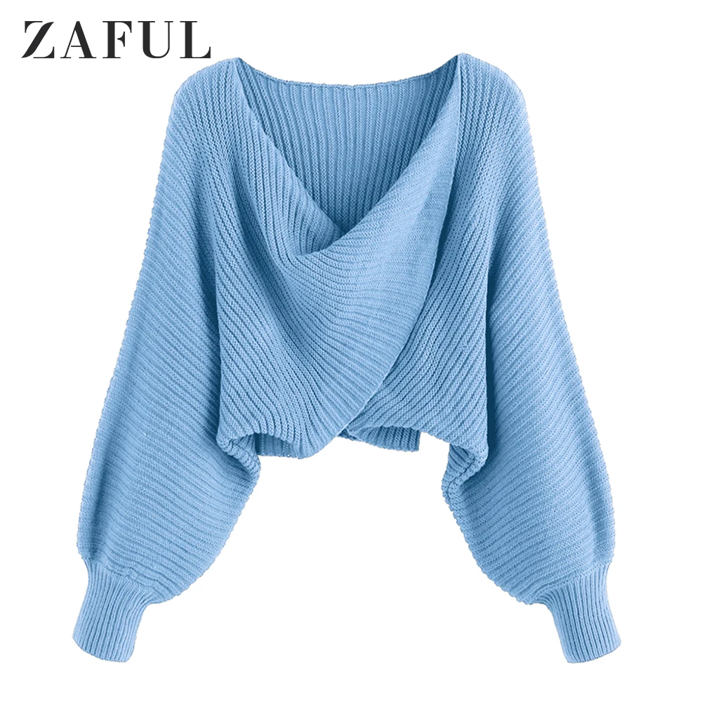 Женский Асимметричный укороченный свитер ZAFUL Однотонный с v-образным вырезом