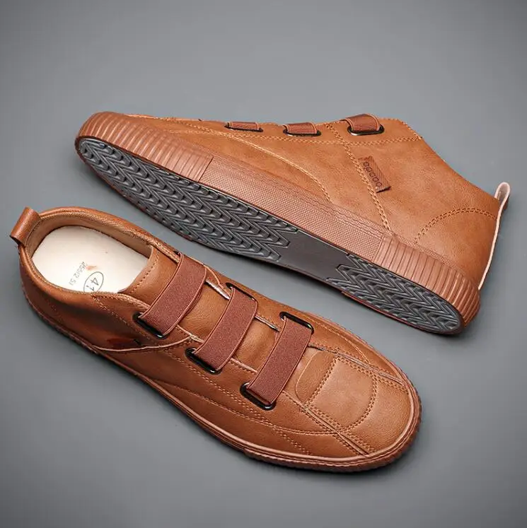 

New Men Leather Casual Shoes Man Flat Shoes Autumn New Fashion High Tops Slip-on Elastic Band Cool Loafers Designer 4 Colors