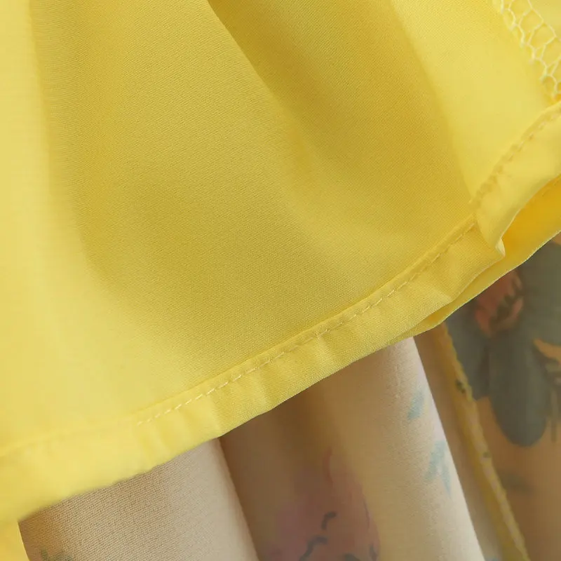 

Summer Women Yellow Flower Chiffon Spaghetti Strap Dresses Beach Style Holiday Empire Flowing Maxi Robe Romantic One Piece S M