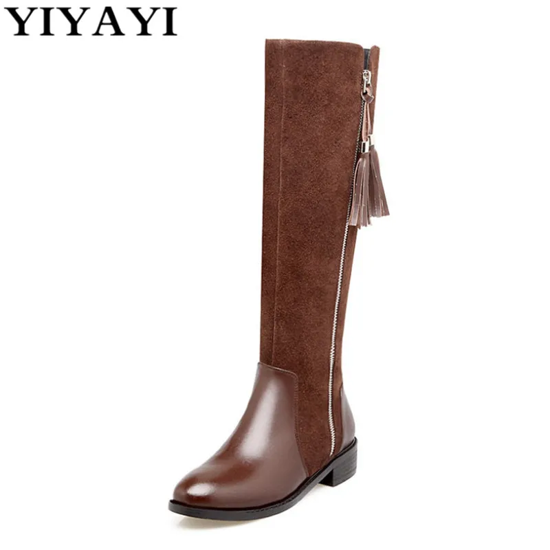 Замшевые Сапоги до колена с бахромой женская зимняя обувь на низком каблуке