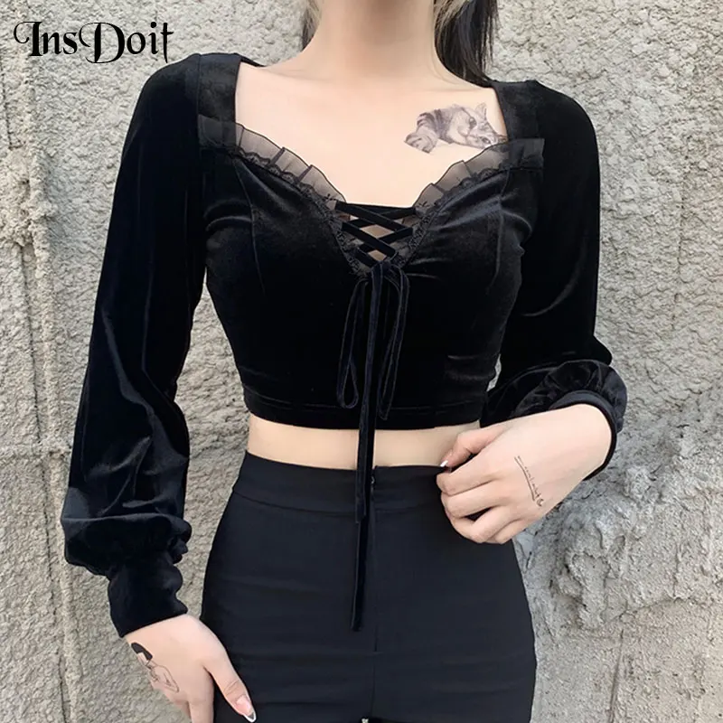 Винтажный сексуальный кружевной черный топ InsDoit Готическая бандажная бархатная