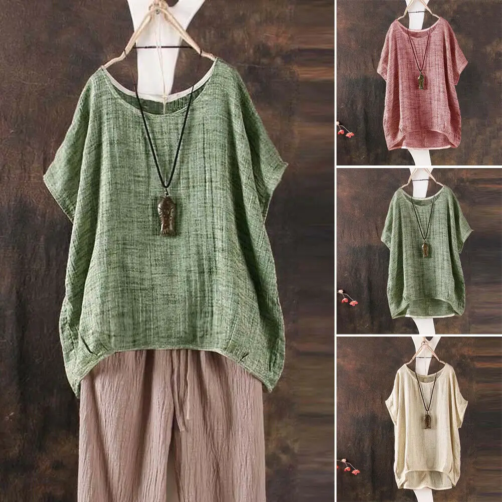 

Casual Womens Summer Loose Cotton Blouse Shirts Short Sleeve Long Shirt Tops Asymmetrical Plain Shirts Jumper Tee Blouses