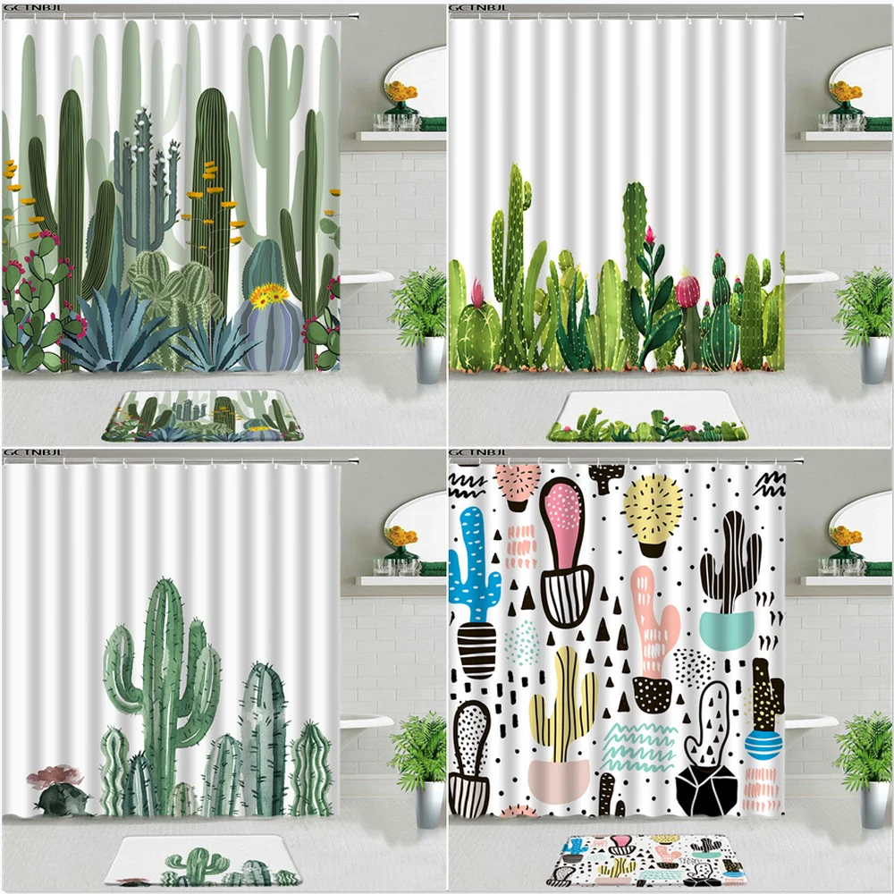 

Cactus Shower Curtains With Bath Mat Non-slip Carpet Tropical Green Plant Bathroom Decor Set Luxury Frabic Bathtub Screen Hooks