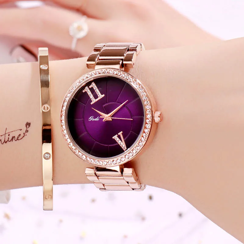 Rosegold purple GEDI модные элегантные женские часы с ремешком из сплава розового золота кварцевые наручные часы женские роскошные стразы уникальный дизайн часы с буквами - Цвет: Rosegold purple