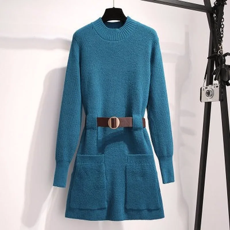 

Girl Lantern Sleeves Solid Color Knitted Dress Women With Belt Long Sleeves Mid-length Pullover A-line Dress Female 2021 Spring