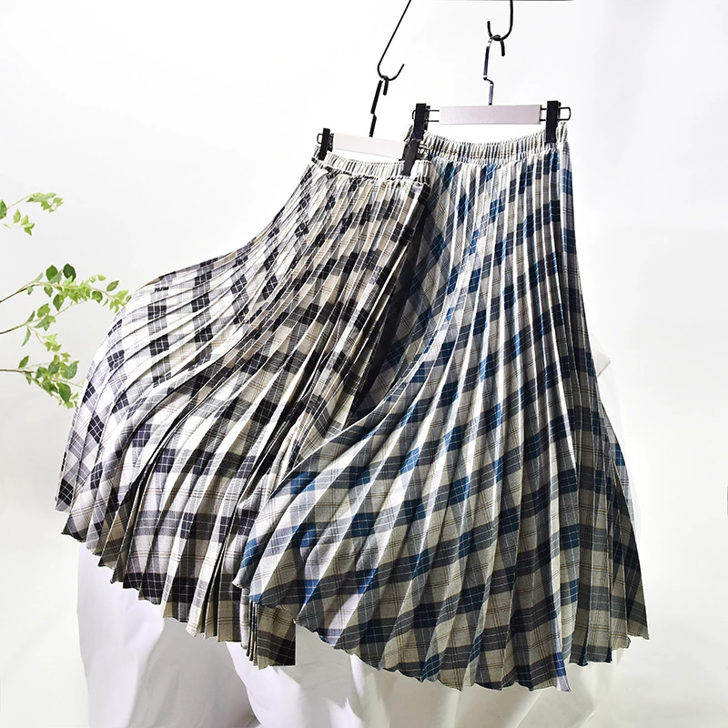 

2021 Spring High Quality Plaid Printed Skirt Pleated Skirts Women Top Brand Female Saias Midi Faldas Vintage Female Midi Skirt