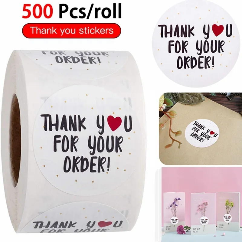 

500pcs/roll round thank you for your order sticker Heart Thanks for Shopping Small Shop Handmade sticker white labels sticker