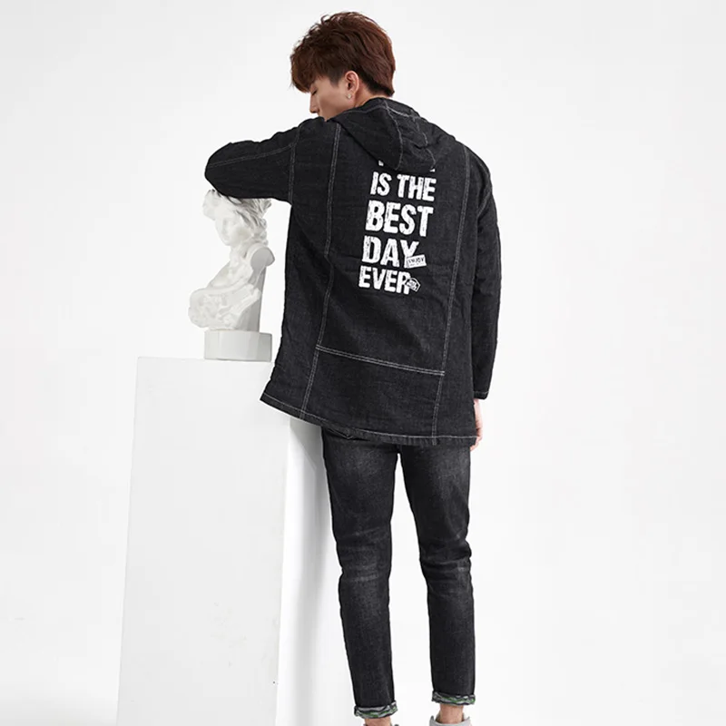 Мужская длинная куртка с капюшоном и надписью черная свободная толстовка модная