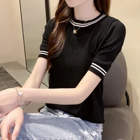 summer ice silk t shirt womens loose and thin t shirt thin round neck bottom coat foreign style short sleeve womens top