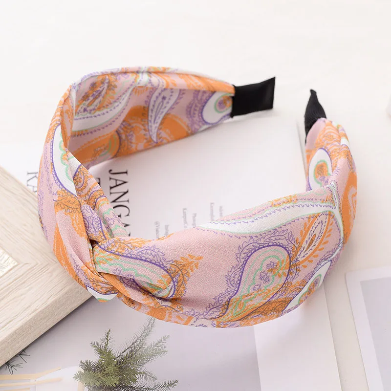 

Women Cloth Multi Purpose 4Colors Fashion Headwear Knotting Hair Hoop Retro Style Feather Printed Wide Side Hair Accessories