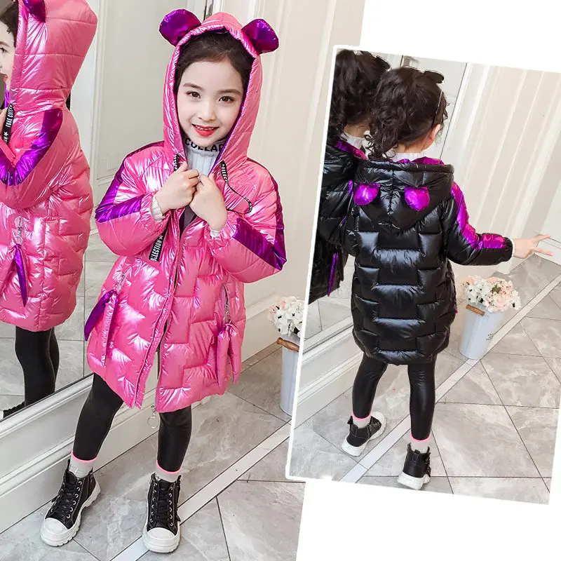 Роскошная детская стеганая куртка цвета металлик для девочек зимняя блестящая