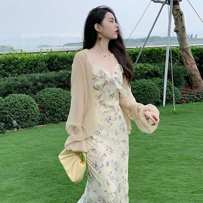 

Women Party Sexy Strap Floral Casual Dress Summer 2021 Design V-Neck Backless Elegant Fairy Midi Dress Princess Sweet Dress