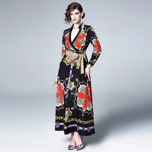 

2020 Spring Fashion Elegant Women Runway Vintage Dress Long Sleeve Loose Robe Casual Sashes Vacation Maxi Lady Plus Size Dresses