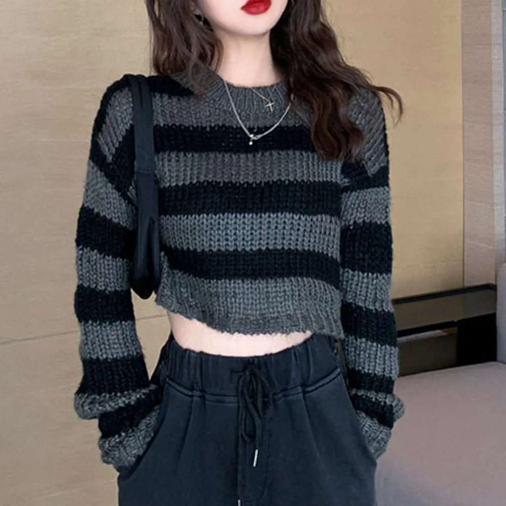 Rosetic Pullovers Striped Short Women Sweater 2020 Casual Knitwear Streetwear Jumper Gray Black Gothic Knitted Sweaters Goth | Женская