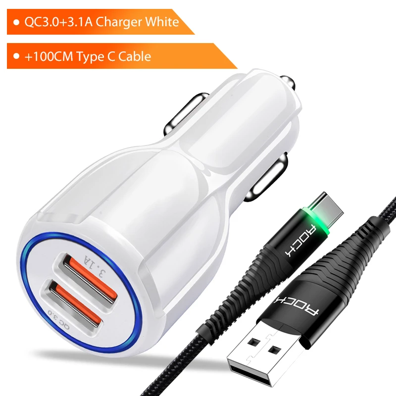 Power Set For Type C Автомобильное зарядное устройство ROCK QC 3,0 Для Xiaomi huawei iPhone X 8 7 6 samsung Xiaomi Dual USB Quick Charge 3,0 Автомобильное зарядное устройство - Тип штекера: Power Set For Type C