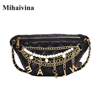 mihaivina women belt bag pearl waist bag ladies leather fanny pack handy chain belt pack girl chest bag crossbody shoulder bag