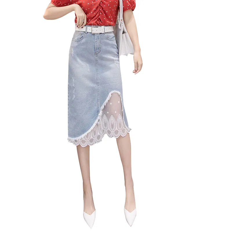 

2020 New Summer Women Gauze Lace Denim Skirt Female Woman splice elegant Slim Ripped Hole High waist Mid-length Denim Skirt T419