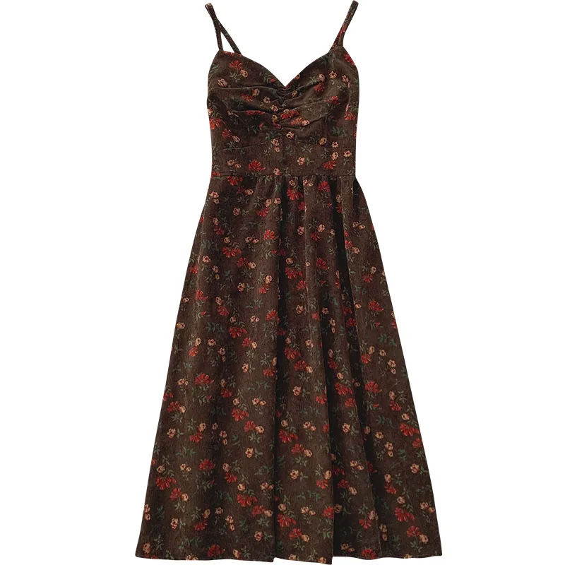 

Corduroy Floral Women Dresses Summer New V-Neck A-Line Knee-Length Vintage Lady Elegant Clothing Top Quality