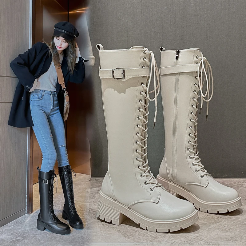 Женские сапоги до колена на платформе осенне-зимние из искусственной кожи