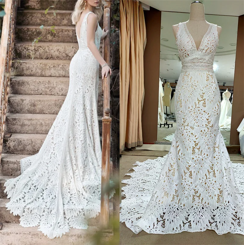 

4071#V Neck Mermaid Lace Wedding Dress Sexy Plus Size Sleeveless Rustic Garden Elegant 2021 Real Photos Bridal Gown With Train