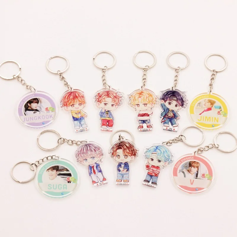 

Оптовая продажа, брелок для ключей Kpop Bangtan Boys Q версия, двухсторонний, прозрачный, милый, ручная роспись, акриловый брелок для ключей, аксессу...