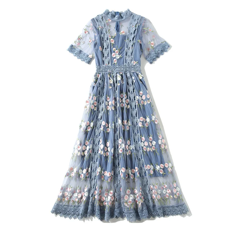

Autumn summer 2020 new women's heavy industry embroidery super xiansen long skirt women's dress French slim Blue Floral Dress