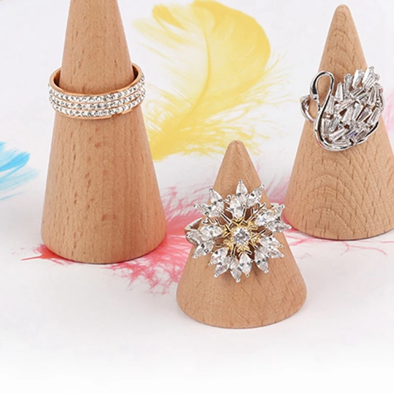 

4 Pcs Wood Ring Jewelry Display Holder Cone Shaped Organizer Stand Support Rack Storage Showcase Wood Color & White