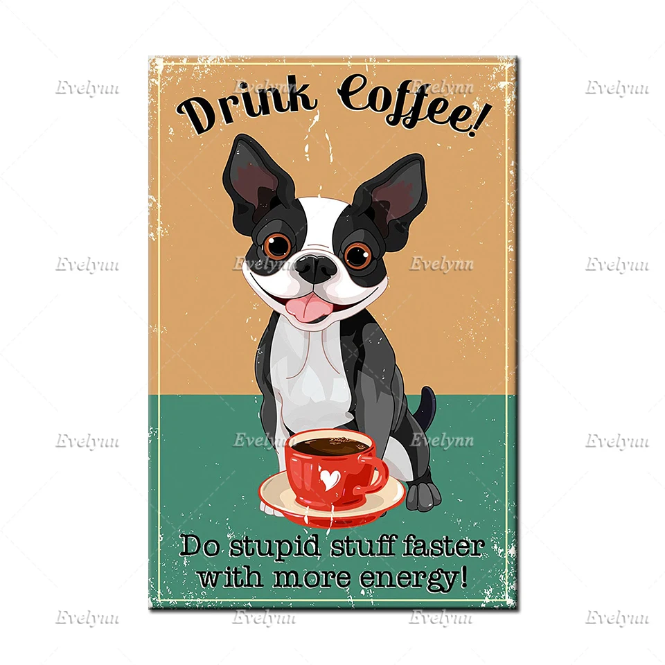 Забавный Ретро-постер с изображением французского бульдога собаки напитка кофе