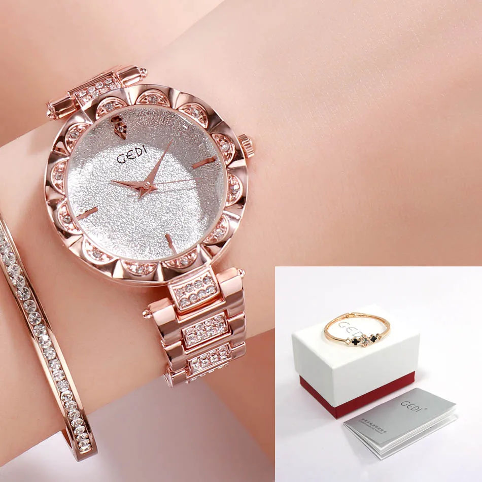 Rosegold white box GEDI брендовые роскошные женские часы из розового золота, женские модные часы с кристаллами, полностью стальные женские часы, relogio feminino horloge dames - Цвет: Rosegold white box