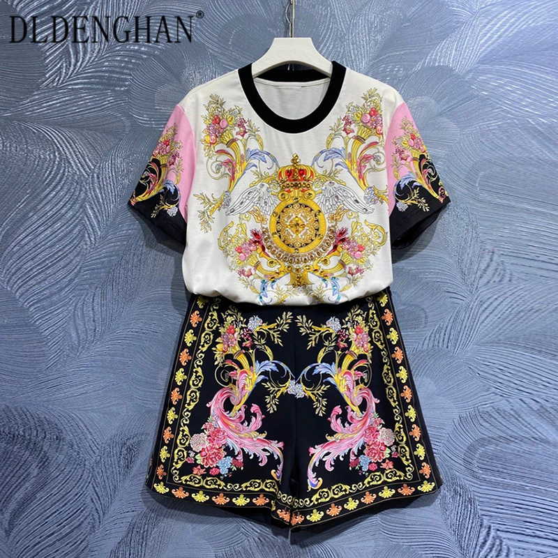 

Женский костюм DLDENGHAN, топ с круглым вырезом и коротким рукавом, расшитый бисером, и черные шорты с принтом, лето 2019