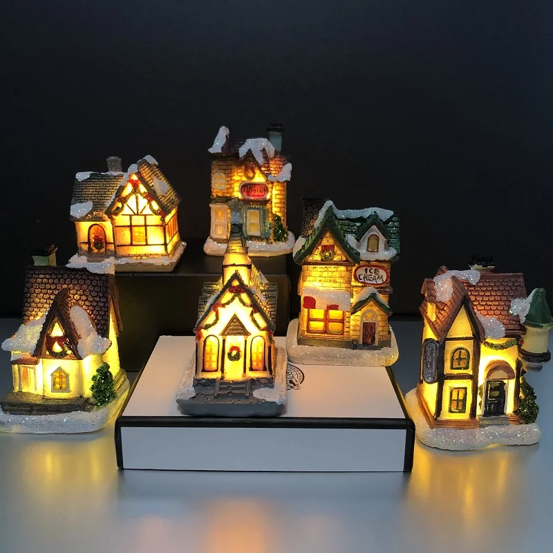 

Snow Houses with LED Light Christmas Decorations for Home New Year Kids Gift Resin Christmas Decor Scene Village Navidad Natal