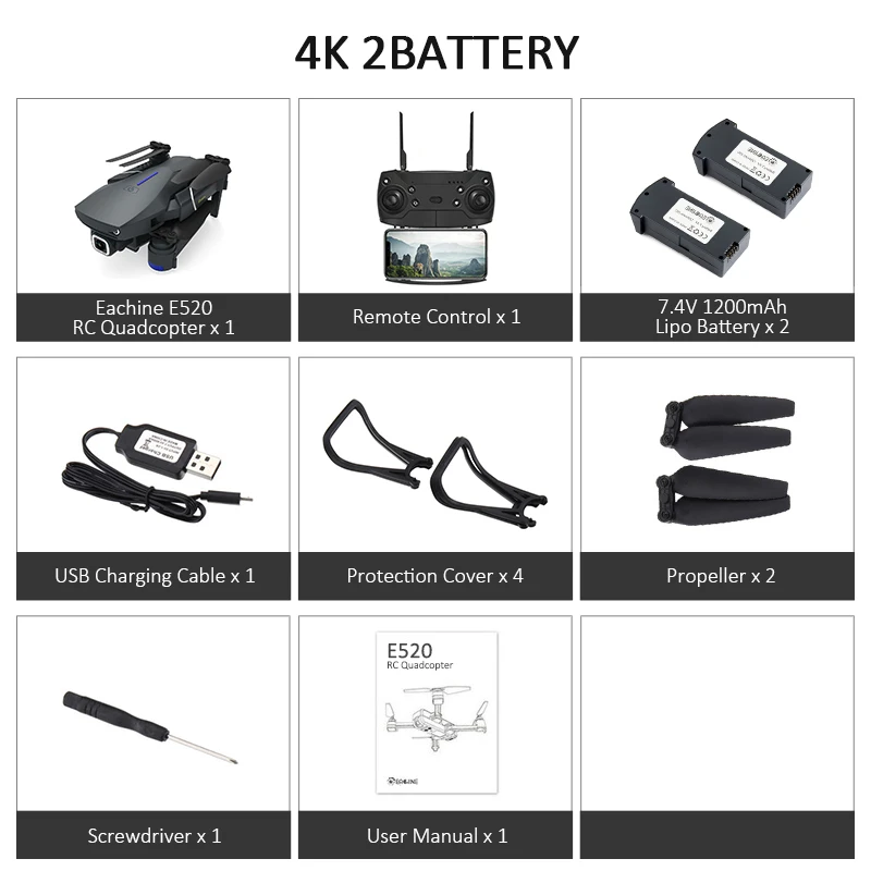 4K 2Batteries Eachine E520 Wi-Fi FPV Дрон 4 K/1080 P HD широкоугольная камера высота удержания Складная воздушная видео Квадрокоптер самолет Модернизированный E58 - Color: 4K 2Batteries