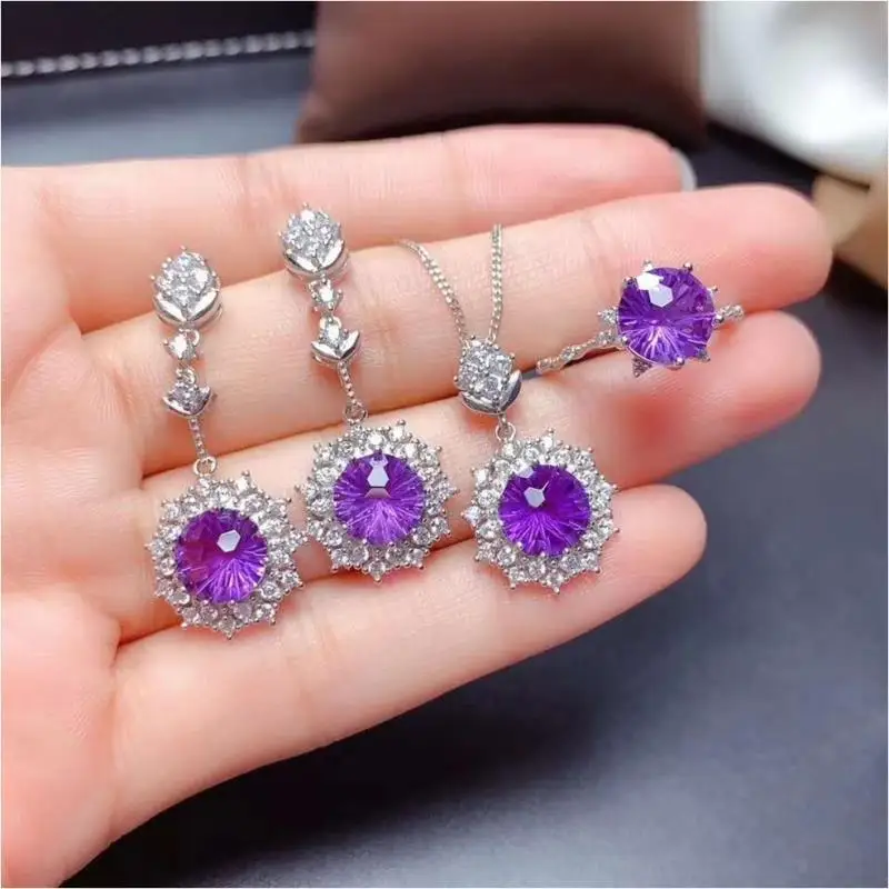 

Luxury Bridal Jewelry Set Round Cut Purple Crystal Rings Necklace Dangle Earrings Wedding Jewelry Anniversary Lover's Gifts