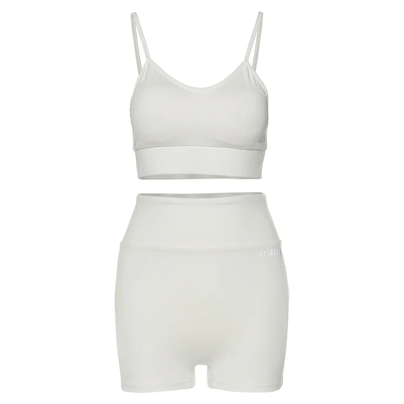 

Women Yoga Tracksuit Two Piece Outfit Solid Sleeveless Crop Top With Cotton Pad High Waist Shorts 2021 New Summer Sportswear