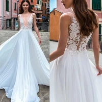 on sale boho lace wedding dresses 2022 new wedding gowns sleeveless illusion round neck bridal dresses appliqued buttons back