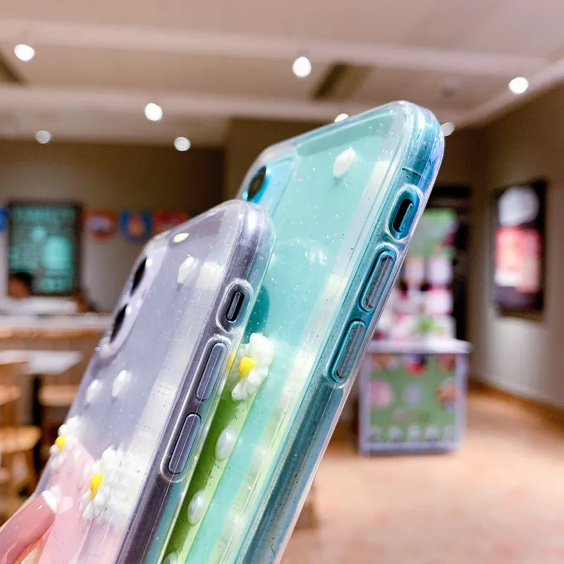 

Glitter Flower Pear Daisy Soft Phone Case For iPhone 12 Pro Max 11 Pro 7 8 Plus X XR XS Max Transparent Soft TPU Gel Cover