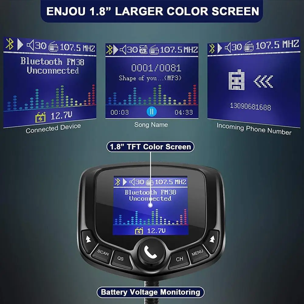 

Car mp3 Handsfree Wireless Bluetooth Car Kit Dual USB QC3.0 1.8" Color Screen In-Car Wireless Bluetooth FM Transmitter