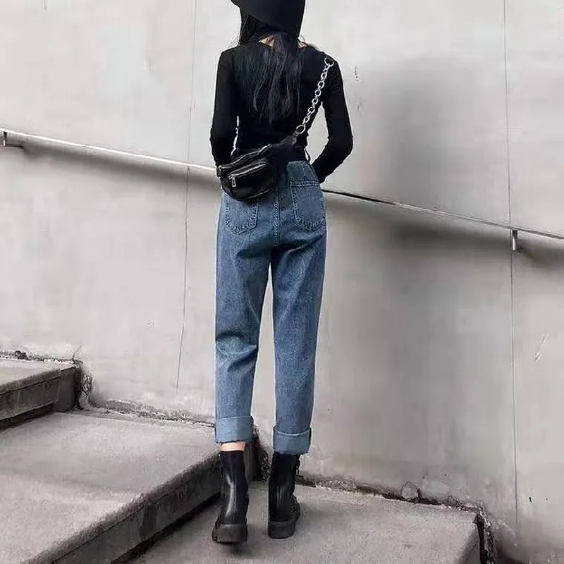 

Mazefeng 2020 New Cotton Jeans For Women High Waist Harem Straight Jeans Spring Plus Size Women Jeans Denim Pants Blue